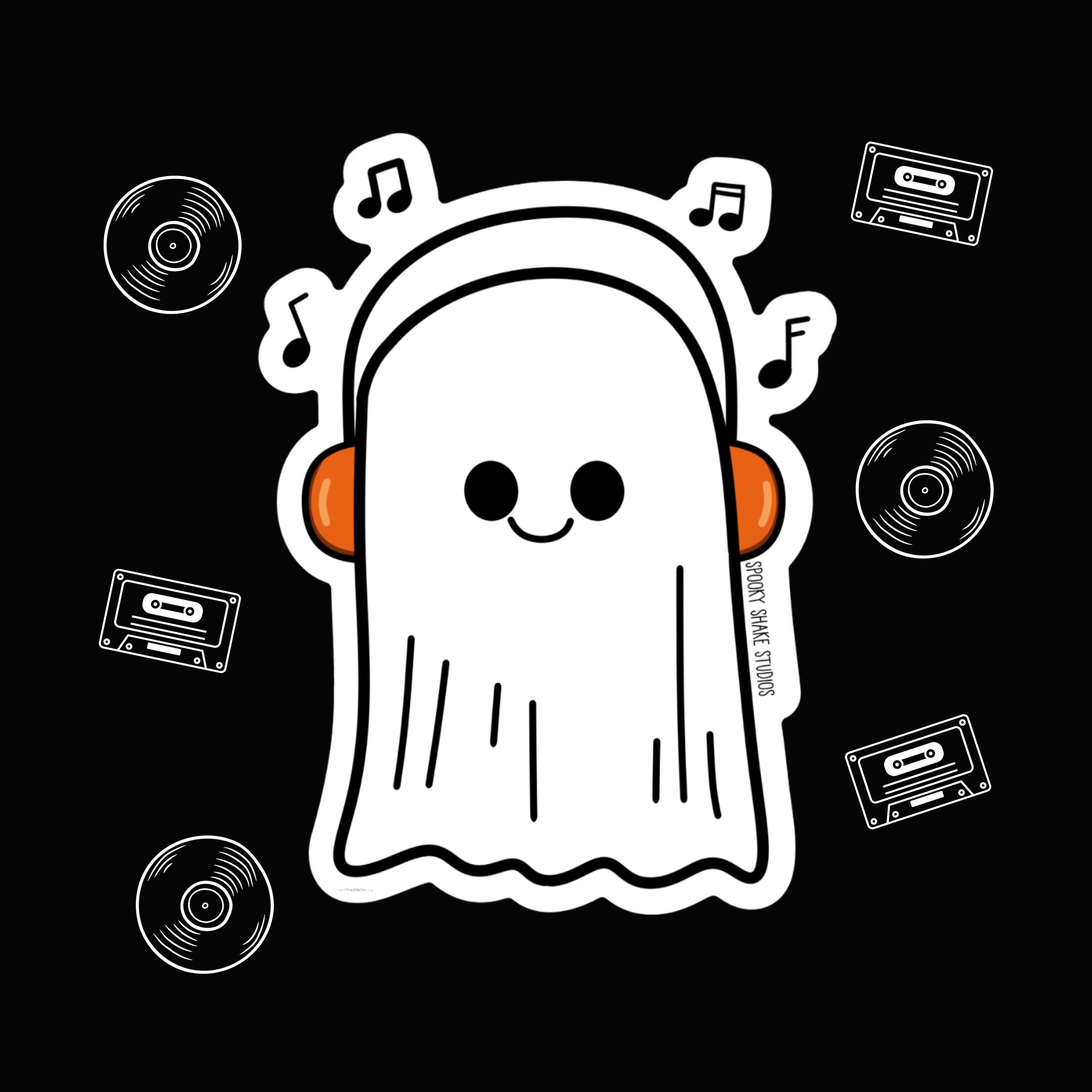 Ghost With Headphones Sticker | Original Art by Spooky Shake