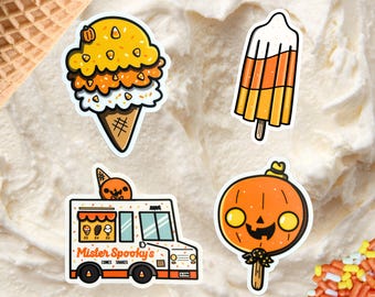 Puede incluir: Un conjunto de pegatinas con temática de Halloween que representan helados, un polo, una piruleta de calabaza y un camión de helados Mister Spooky's. Las pegatinas tienen un borde blanco y están sobre un fondo cremoso.