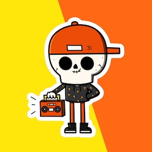 May include: A cartoon illustration of a skeleton wearing an orange baseball cap with the number 31, a black hoodie with a candy corn pattern, and black boots. The skeleton is holding an orange boombox. The background is split between yellow and orange.