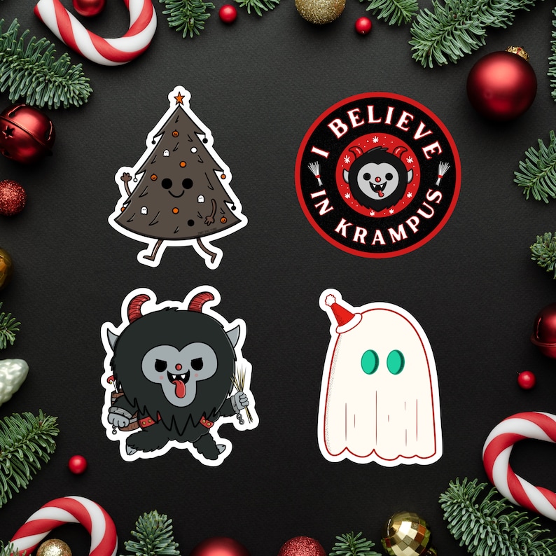 May include: Four holiday-themed stickers on a black background. The stickers include a cartoon Christmas tree, a round sticker with the text "I Believe in Krampus", a Krampus character, and a ghost wearing a Santa hat. The stickers are surrounded by Christmas decorations.