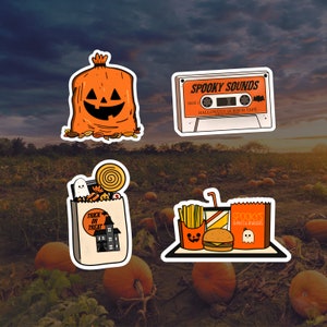 Paquete de pegatinas retro de Halloween / Pegatinas de nostalgia de Halloween / Sonidos espeluznantes, bolsa de hojas de calabaza, bolsa de dulces, pegatinas de hamburguesas y papas fritas