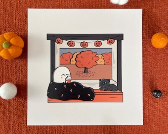 Cozy Ghost & Cat Halloween Art Print: Fall Decor