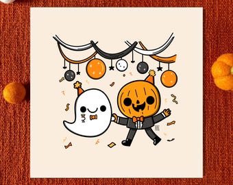 May include: A Halloween illustration with a cartoon ghost and a pumpkin-headed figure in a tuxedo. The image includes festive decorations like hanging ornaments and confetti, set against a cream background, evoking a celebratory atmosphere.