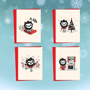 May include: Four Christmas greeting cards with red borders. Each card features a cartoon character in a festive scene: sledding, decorating a tree, ice skating, and baking. The character is black with a white face and red accents.