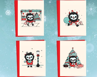 May include: Set of four Christmas greeting cards with red borders. Each card features a cartoon devil character in festive scenes: shopping, holding a balloon, near a lamppost, and by a Christmas tree. The cards have a cream background with snowflakes.