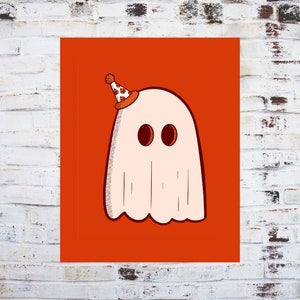 May include: A cartoon illustration of a friendly ghost wearing a party hat. The ghost is white with brown eyes and a smiling expression. The party hat is orange with a pizza slice pattern. The background is a solid orange color.