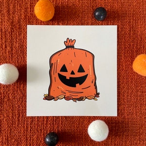 Pumpkin Leaf Bag Art Print: Vintage Halloween Decor