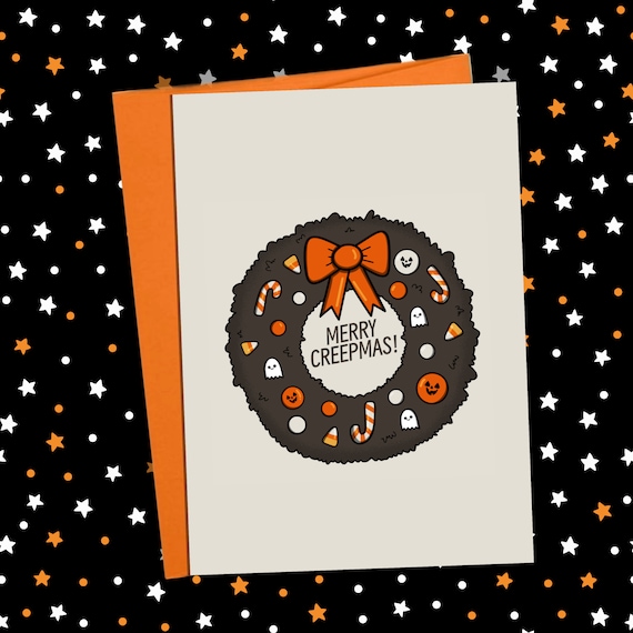 Merry Creepmas Card: Spooky Holiday Greeting with Orange Envelope