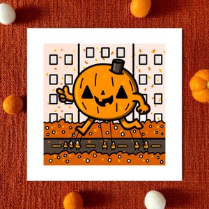 May include: A Halloween-themed illustration features a cheerful orange pumpkin character with a black top hat, walking down a road. The background includes a building with square windows and orange confetti. The pumpkin is giving a thumbs up.