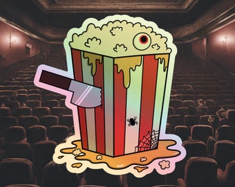 Spooky Movie Popcorn Holographic Sticker: Scary Retro Horror