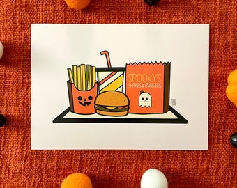 Retro Halloween Art Print | Cute Halloween Art | Halloween Burger Meal | Halloween Decor