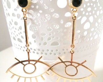 Golden earrings with black rhinestone and eyes shape pendant, trendy earrings, statements earrings