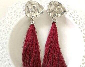 Burgundy red tassel earrings with hammered silver studs, statement earrings, trendy earrings