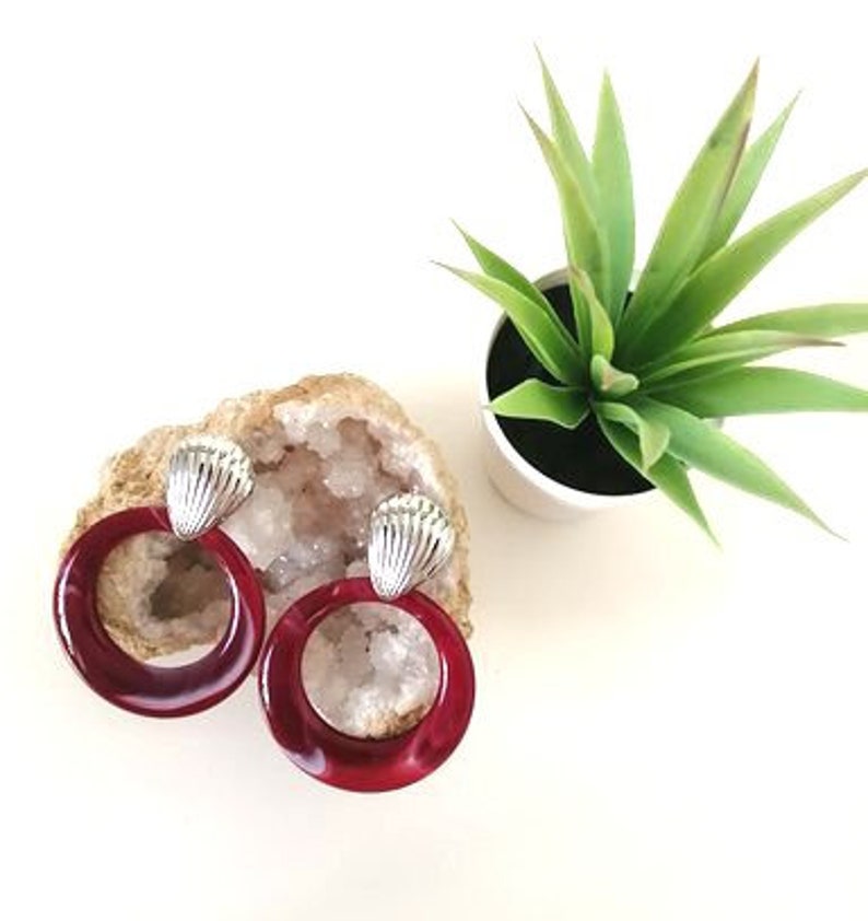 statement earrings,trendy earrings Silver shell stud with marble burgundy acrylic hoop