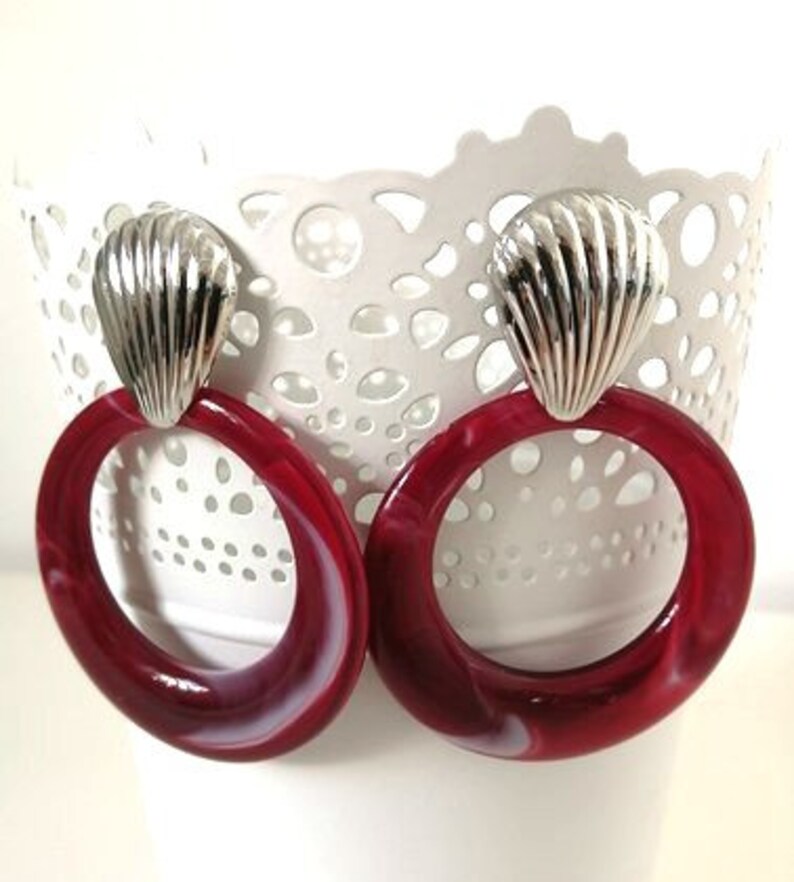 statement earrings,trendy earrings Silver shell stud with marble burgundy acrylic hoop