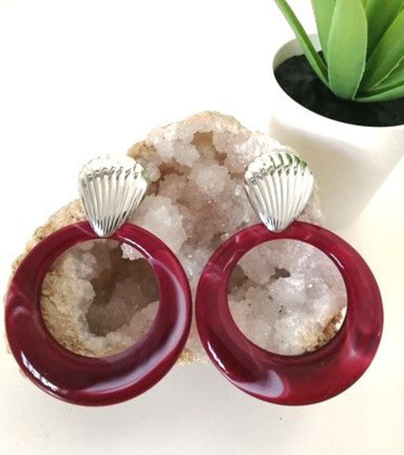 statement earrings,trendy earrings Silver shell stud with marble burgundy acrylic hoop