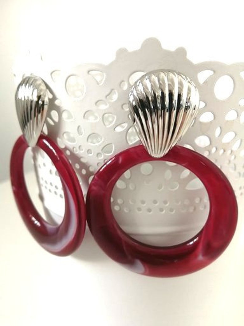 statement earrings,trendy earrings Silver shell stud with marble burgundy acrylic hoop