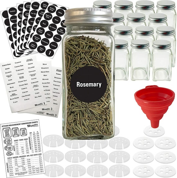 14 Glass Spice Jars w/2 Types of Preprinted Spice Labels