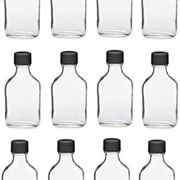 12 Pack, 100ml Glass Flask Bottles with Black Tamper Evident Caps, with a Funnel