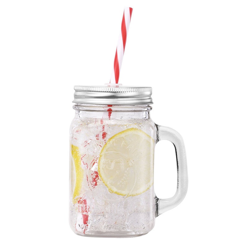 Mason Jar Mugs with Handle SILVER Lid and Plastic Straws. 16 Etsy