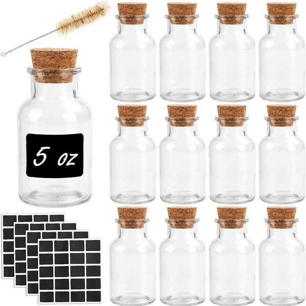 12pcs 150ml Glass Spice Jars Reusable Spice Jars Bottles Glass Containers with Cork 100pcs Blank Square Stickers 1pcs Test Tube Brush
