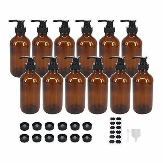 12 Pack 8 oz Amber Glass Bottles with Pumps for Essential Oils