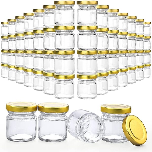 1 oz Mini Glass HONEY Jars for Jam, Honey, (60 pack , 1 oz Honey w/Gold Lids)