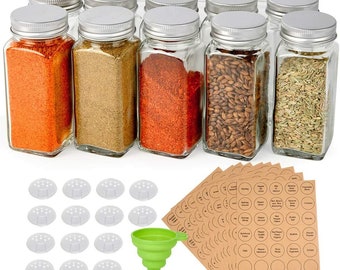 14 Pcs Glass Spice Jars, 4oz Empty Square Spice Bottles with Shaker Lids and Airtight Metal Caps - 350 Spice Labels and Silicone Collap