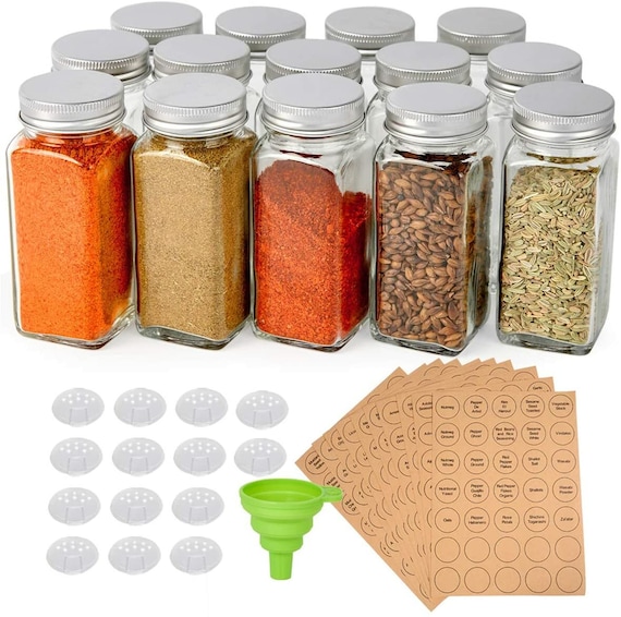 14 Pcs Glass Spice Jars, 4oz Empty Square Spice Bottles With Shaker Lids  and Airtight Metal Caps 350 Spice Labels and Silicone Collap 