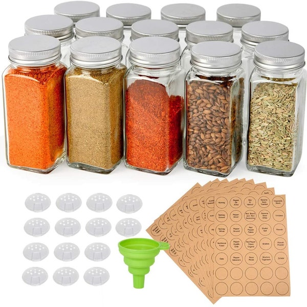 14 Pcs Glass Spice Jars, 4oz Empty Square Spice Bottles with Shaker Lids and Airtight Metal Caps - 350 Spice Labels and Silicone Collap