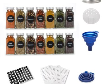 SpiceLuxe 8 oz Spice Jars with Lids - Square Clear Glass Spice Bottles with  Airtight Caps (8 Pack, Black cap)