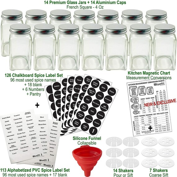 8oz, BEST VALUE 8 Glass Spice Jars includes pre-printed Spice Labels. 8  Square Empty Jars, Airtight Cap, Chalkboard & Clear Label, kitchen Funnel  Pour/Sift Shakers