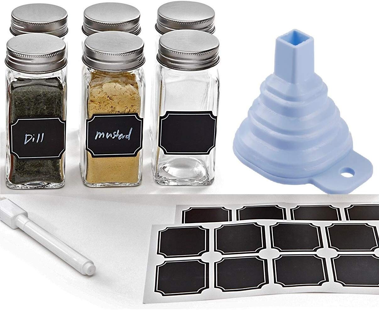 25 Pcs Glass Spice Jars- Square Glass Containers With Square Empty Jars  4oz, Airtight Cap, Chalkboard & Clear Label, Shaker Insert Tops and Wide  Funnel - Complete Organizer Set