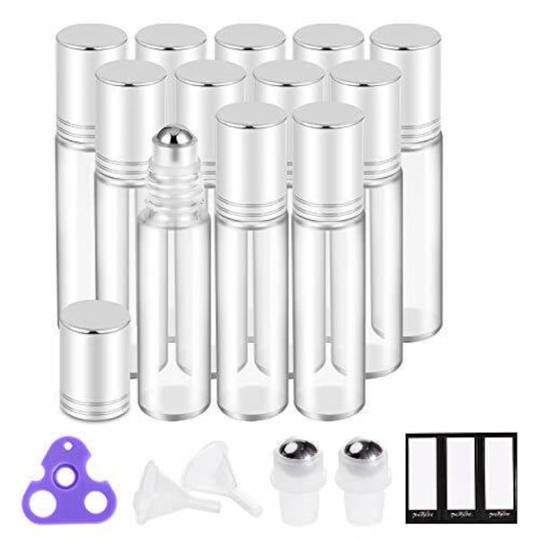 Essential Oil Roller Bottles 10ml (Clear Glass, 12 Pack, 2 Extra Stainless Steel Balls, 24 Labels, Opener, Funnels by PrettyCare) Rolle