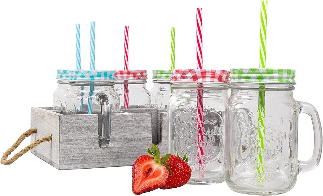 Glass Mason Jar Drinking Mugs W/handles & Reusable Colorful Straws 6