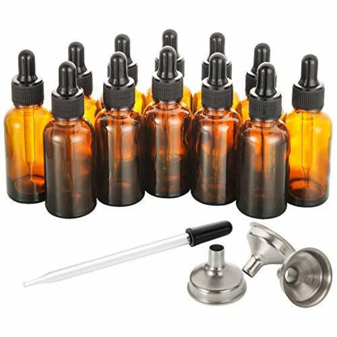 12 Pack, 2 Oz Glass Dropper Bottle With 3 Stainless Steel Funnels & 1