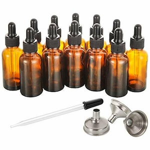 12 Pack, 2 oz Glass Dropper Bottle with 3 Stainless Steel Funnels & 1 Long Glass Dropper - 60ml Amber Glass Tincture Bottles with Eye D