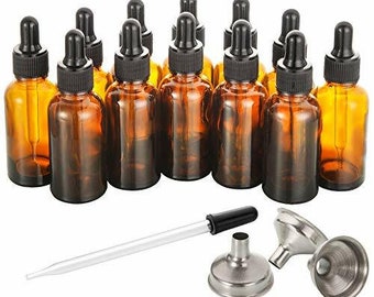 12 Pack, 2 oz Glass Dropper Bottle with 3 Stainless Steel Funnels & 1 Long Glass Dropper - 60ml Amber Glass Tincture Bottles with Eye D