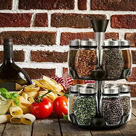 16 Jar Revolving Spice Rack with Glass Bottles Rotating for Herbs