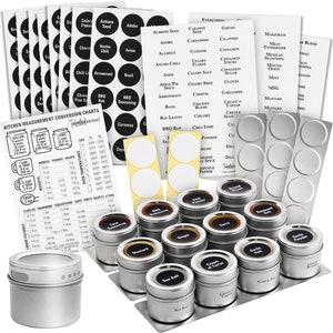 12 Magnetic Spice Jars with 3 Metal Wall Bases, 269 Preprinted Seasoning Labels, 2 Styles, 1 Cooking  Chart, for 3 oz Containers