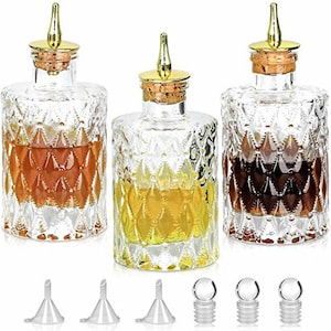 Bitters Bottle - Jewel Bitter Bottle For Cocktail, 6oz / 175ml, Glass Dahs Bottle With Gold Plated Cork Dasher Top - (3, Gold)