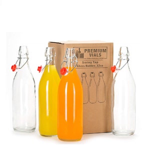 Set of 4-33.75 Oz Giara Glass Bottle with Stopper Caps, Carafe Swing Top Bottles with Airtight Lids