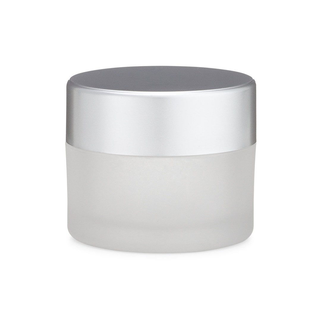 1 Oz Glass Frosted Cream Jar With White Insert and Matte Silver Lid