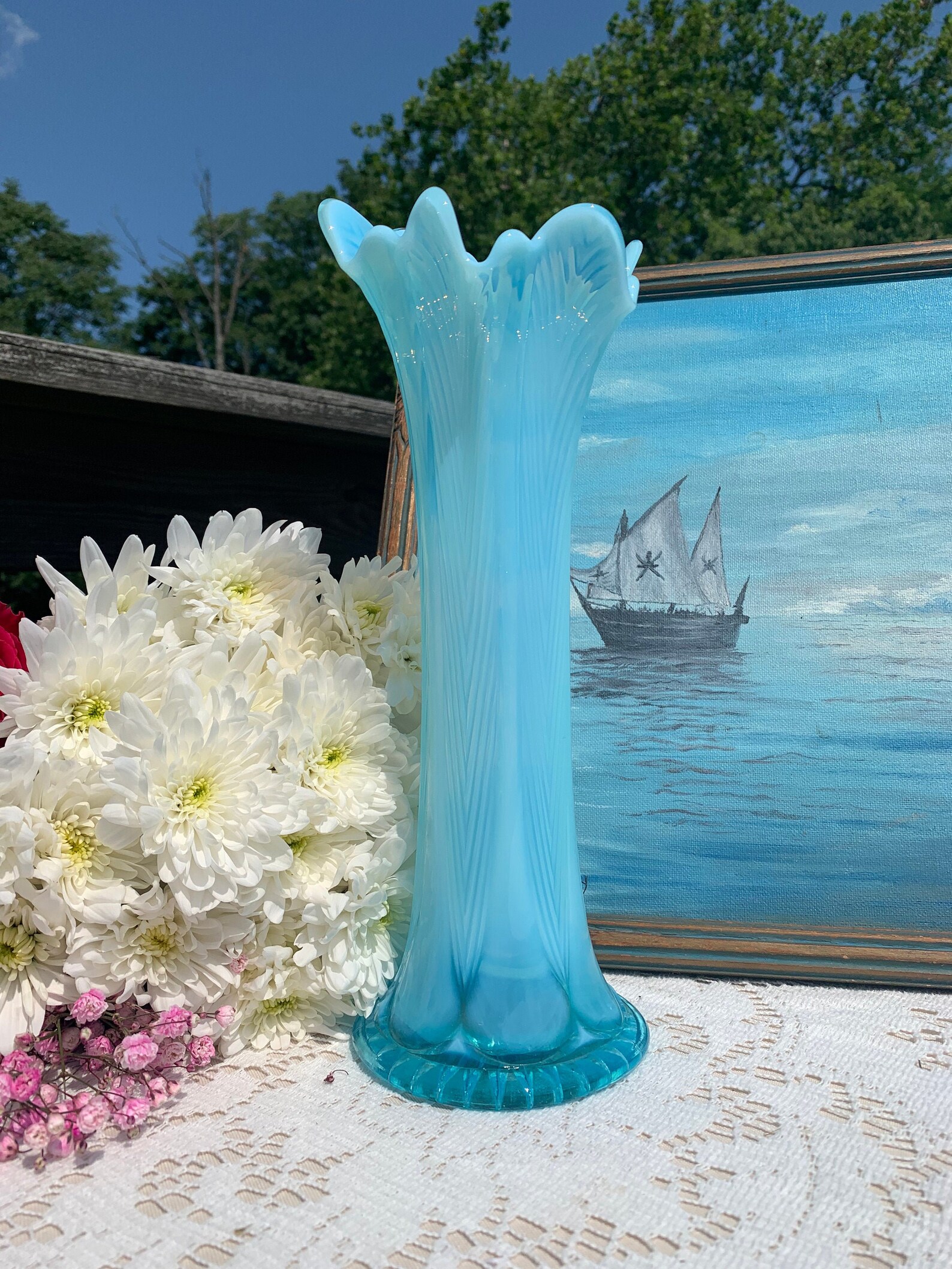 Pretty Northwood Opalescent Blue Swung Glass Vase opalescent Etsy