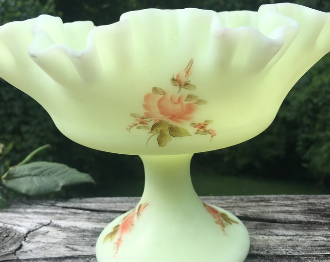 Fenton Hand Painted Custard Glass Compote Signed Fenton Etsy