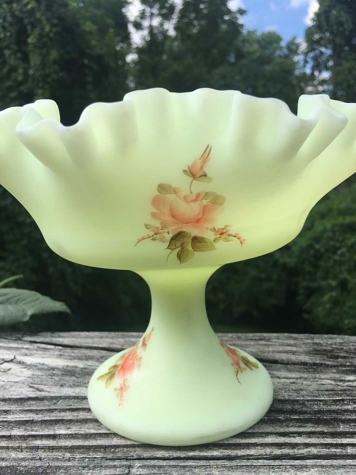 Fenton Hand Painted Custard Glass Compote Signed Fenton Etsy