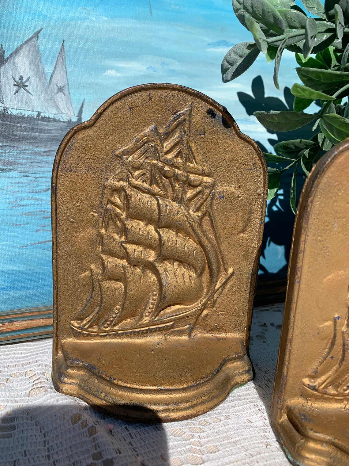 Vintage Clipper Ship Bookends Cast Iron Bookends Gold Etsy