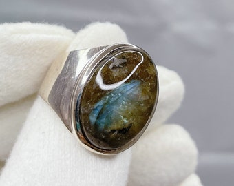 Picture Jasper Natural Gemstone Ring with Black Thread Filigree Frame