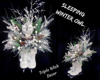 Christmas Winter Owl Arrangement On Ice Skates, Holiday Owl Centerpiece, Owl Nest Arrangement, Xmas Decor for Tables, Triple Wish Decor