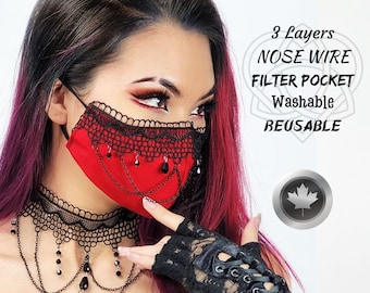 Gotycka wiktoriańska maska na twarz, czerwono-czarna bawełniana maska Lolita z koronką, gotyckimi łańcuchami i koralikami, 3 warstwy, od Triple Wish Decor